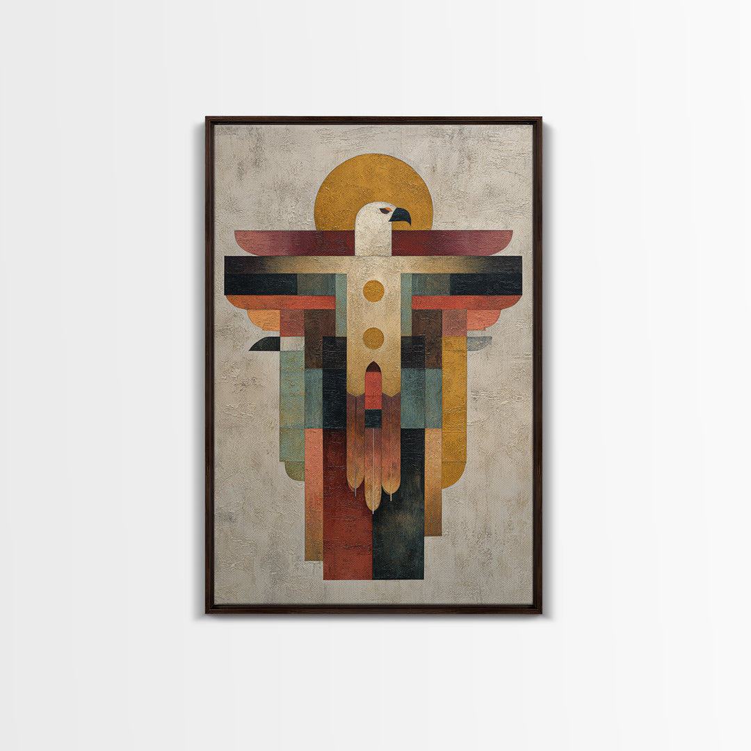 Eagle Totem with Feathers and Geometric Shapes Framed Canvas Print, Tribal Art, Living Room Decor, Abstract Art, Tribal, TRI-2x3-44