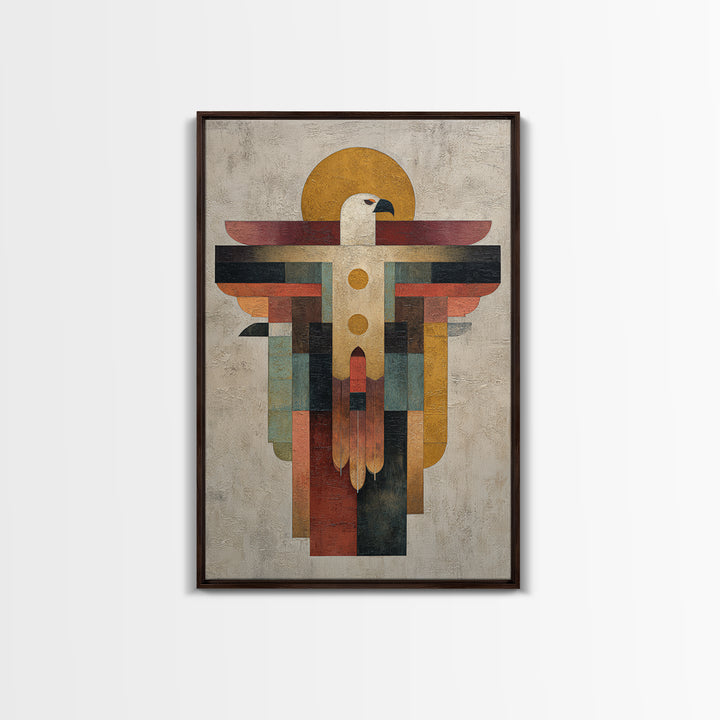 Eagle Totem with Feathers and Geometric Shapes Framed Canvas Print, Tribal Art, Living Room Decor, Abstract Art, Tribal, TRI-2x3-44