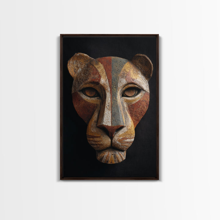 Lion Mask Abstraction Framed Canvas Print, Tribal Art, Boho Wall Decor, Living Room Decor, Abstract Art, Tribal, Fine Art, TRI-2x3-48