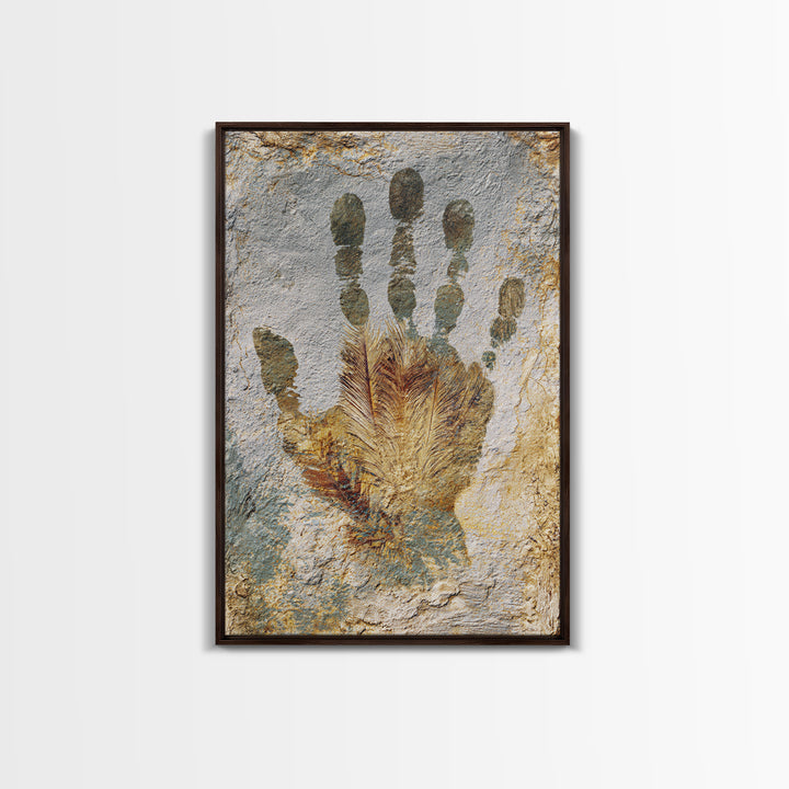 Handprint and Animal Track Composition Framed Canvas Print, Tribal Art, Earthy, Living Room Decor, Fine Art, Tribal, TRI-2x3-97