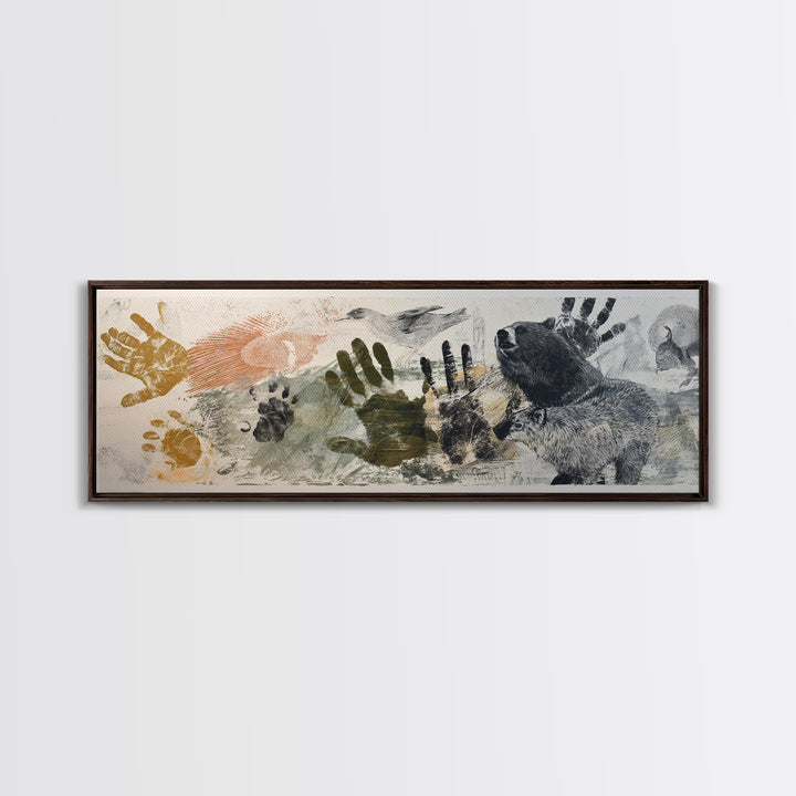Handprint and Animal Track Composition Framed Canvas Print, Tribal Art, Statement Artwork, Living Room Decor, Fine Art, Tribal, TRI-3x1-57