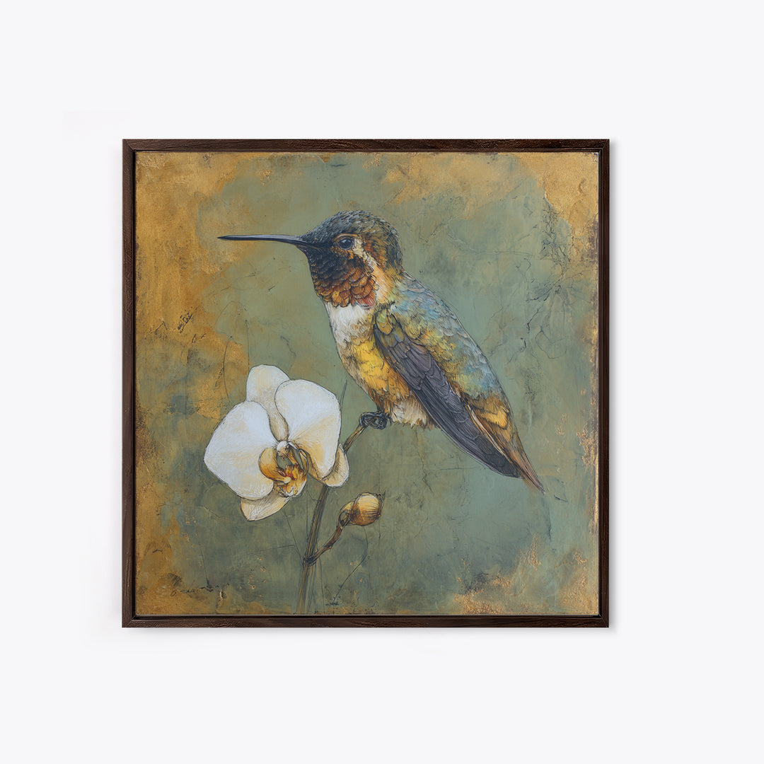 Orchid and Hummingbird Composition Canvas Print, Tropical Art, Trendy Wall Art, Living Room Decor, Tropic, Luxury Decor, TRO-1x1-10
