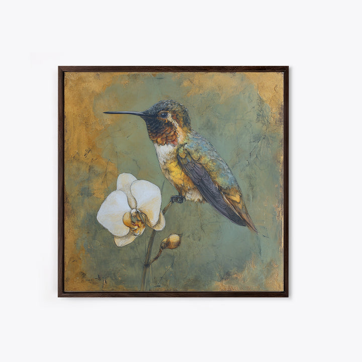 Orchid and Hummingbird Composition Canvas Print, Tropical Art, Trendy Wall Art, Living Room Decor, Tropic, Luxury Decor, TRO-1x1-10