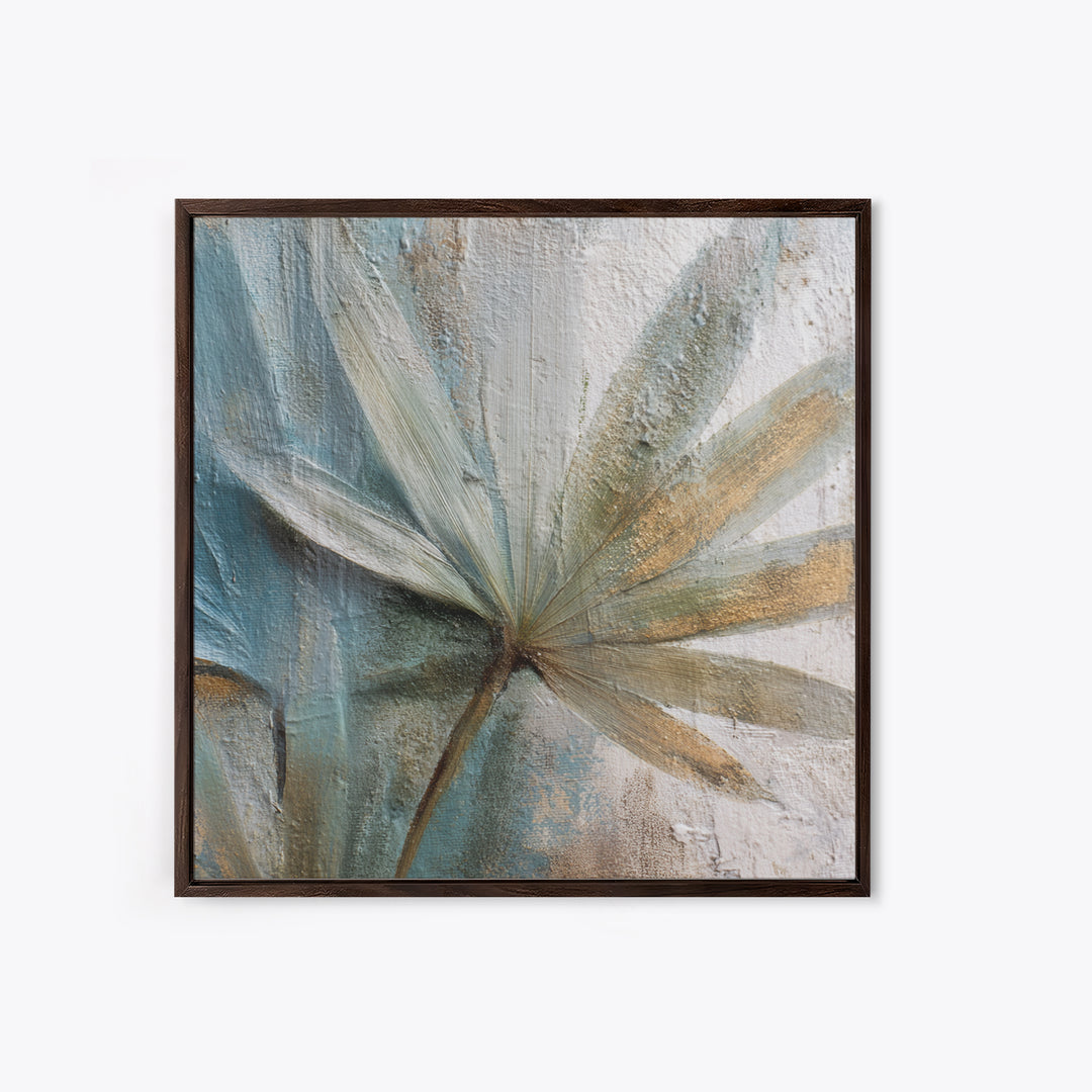 Rain Soaked Palm Leaf Closeup Framed Canvas Print, Tropical Art, Neutral Decor, Living Room Decor, Oil Painting, Tropic, TRO-1x1-21