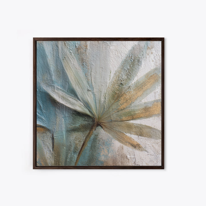 Rain Soaked Palm Leaf Closeup Framed Canvas Print, Tropical Art, Neutral Decor, Living Room Decor, Oil Painting, Tropic, TRO-1x1-21