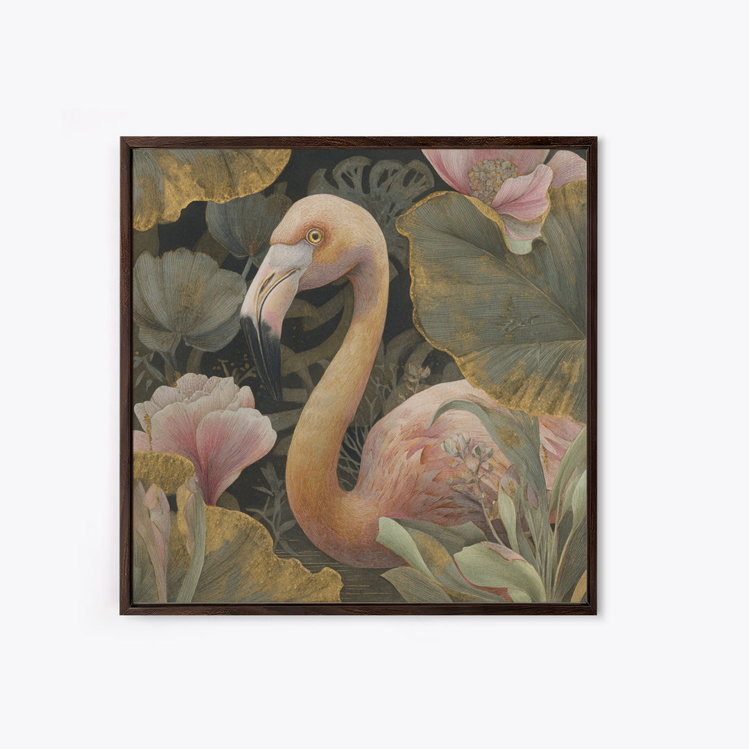 Pink Flamingos Among Tropical Water Plants Canvas Print, Tropical Art, Whimsical Art, Living Room Decor, Fine Art, Tropic, TRO-1x1-26