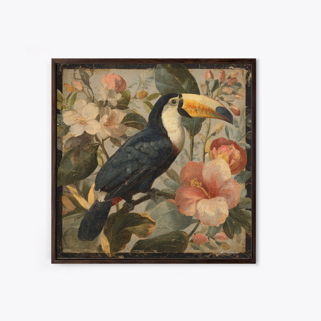 Toucans Surrounded by Bright Jungle Flowers Canvas Print, Tropical Art, Printable Art, Living Room Decor, Fine Art, Tropic, TRO-1x1-3