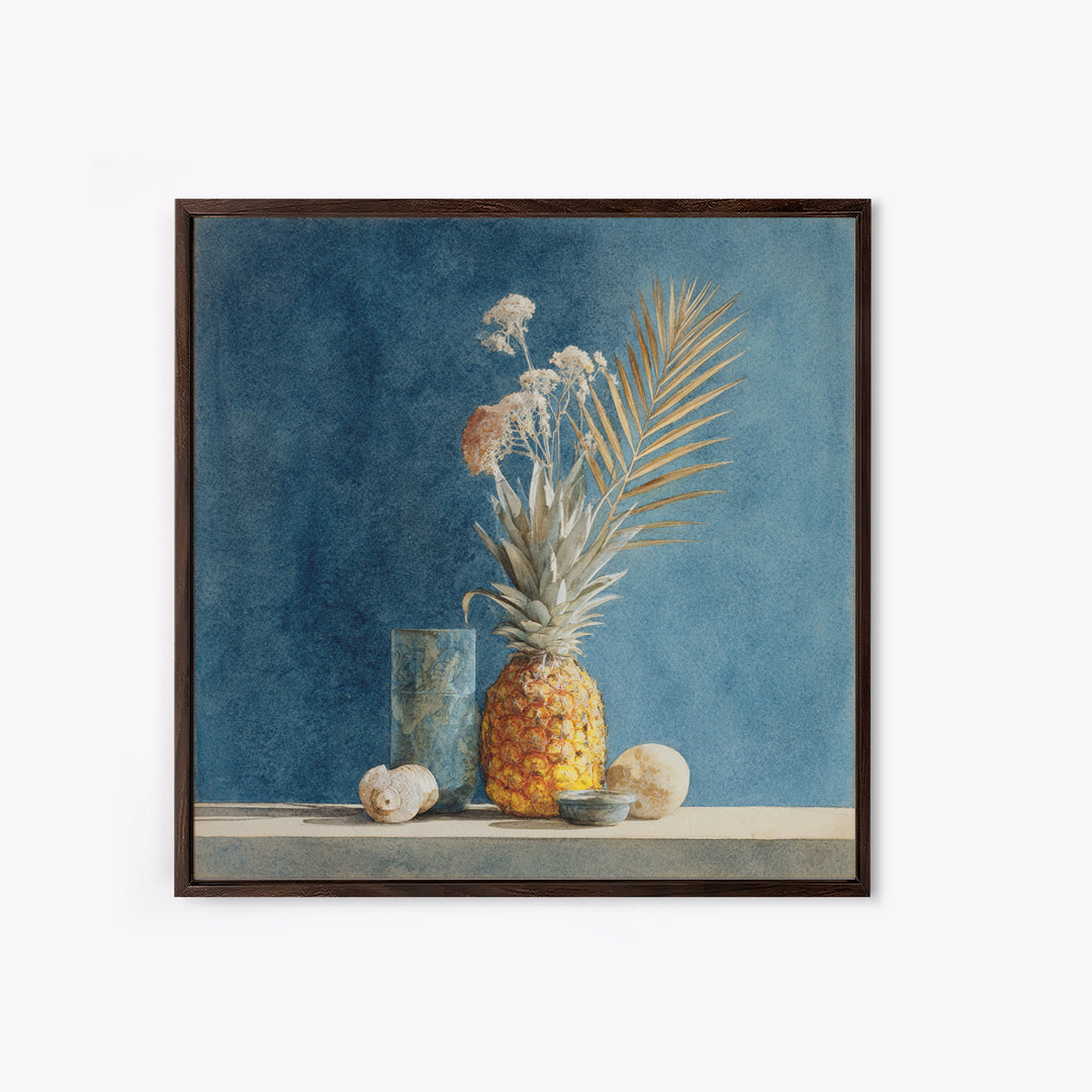 Pineapple and Palm Still Life Canvas Print, Tropical Art, Botanical Art, Living Room Decor, Oil Painting, Tropic, TRO-1x1-30