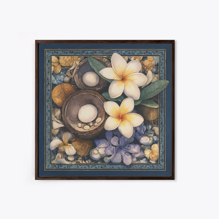 Coconut and Plumeria Still Life Canvas Print, Tropical Art, Printable Wall Art, Living Room Decor, Watercolor Art, Tropic, TRO-1x1-36