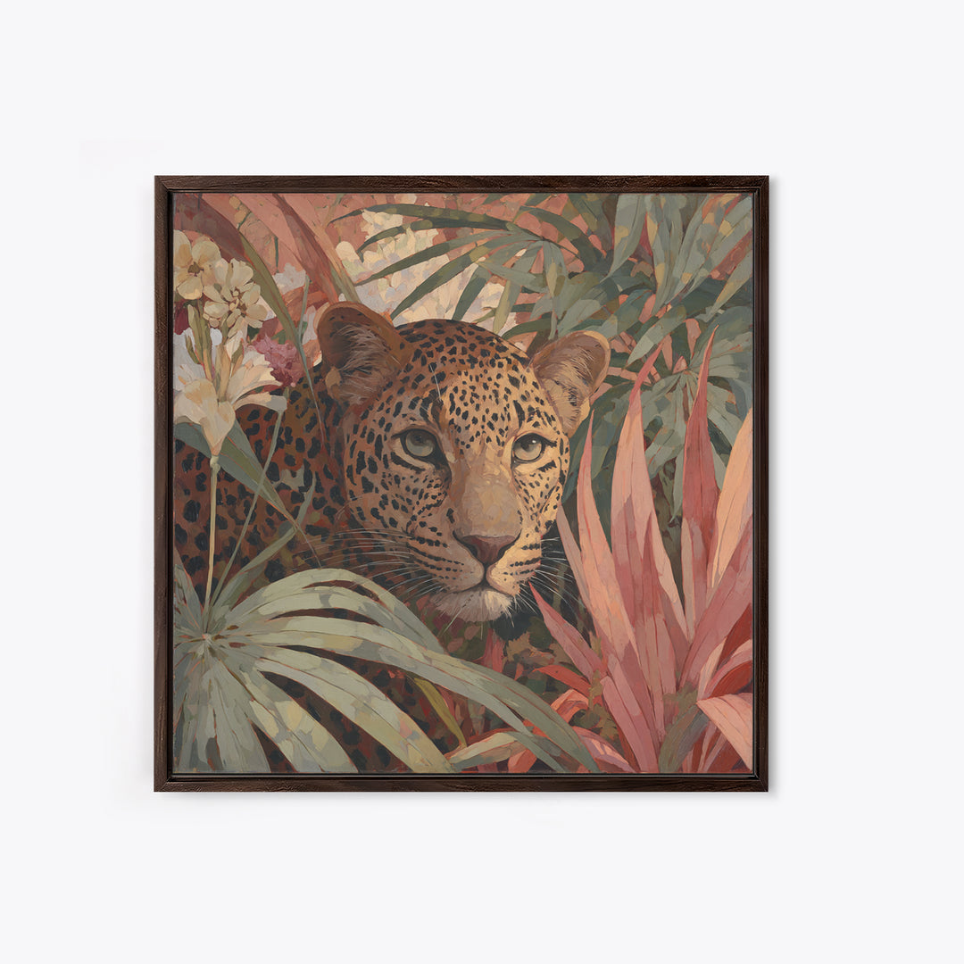 Leopard Hidden Among Palm Leaves Framed Canvas Print, Tropical Art, Gallery Decor, Living Room Decor, Fine Art, Tropic, TRO-1x1-38
