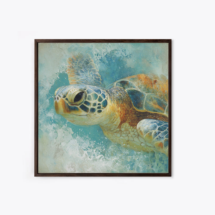 Sea Turtle Near Tropical Reef Framed Canvas Print, Tropical Art, Beach Decor, Living Room Decor, Oil Painting, Tropic, TRO-1x1-43