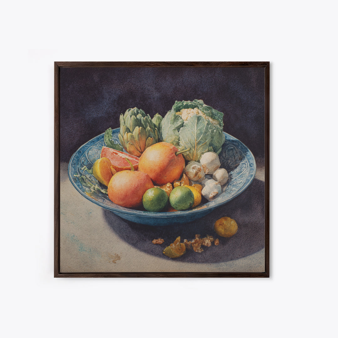 Bright Papaya and Lime Still Life Framed Canvas Print, Tropical Art, Decor, Living Room Decor, Fine Art, Tropic, Bird Art, TRO-1x1-48