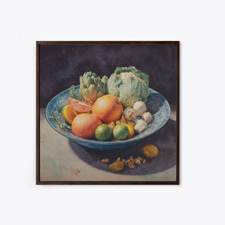 Bright Papaya and Lime Still Life Framed Canvas Print, Tropical Art, Decor, Living Room Decor, Fine Art, Tropic, Bird Art, TRO-1x1-48