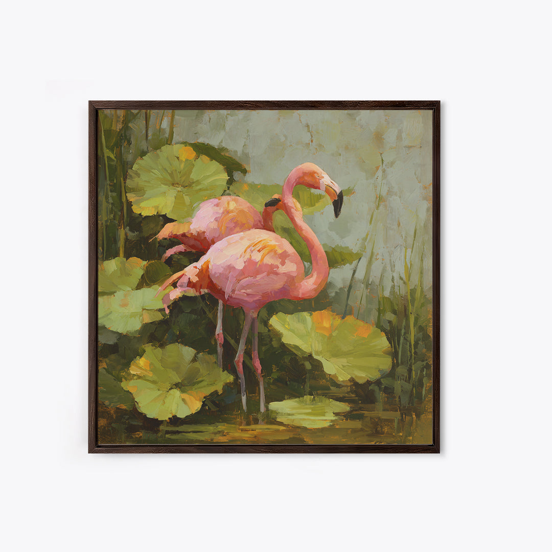 Pink Flamingos Among Tropical Water Plants Canvas Print, Tropical Art, Whimsical Art, Living Room Decor, Fine Art, Tropic, TRO-1x1-50