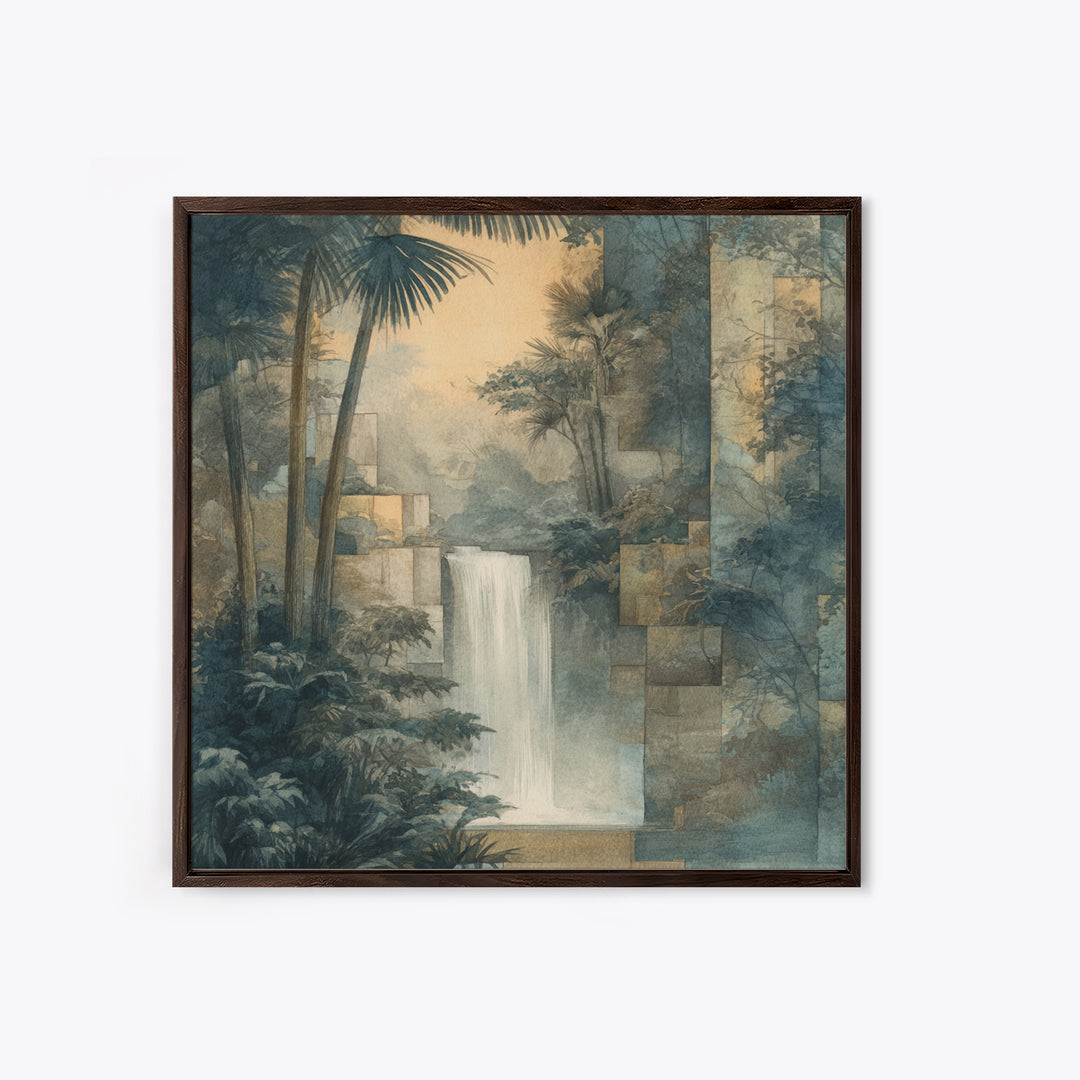 Jungle Waterfall with Misty Light Framed Canvas Print, Tropical Art, Boho Decor, Living Room Decor, Oil Painting, Tropic, TRO-1x1-61