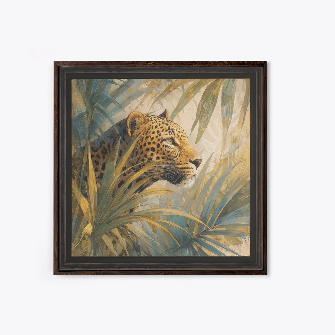 Leopard Hidden Among Palm Leaves Framed Canvas Print, Tropical Art, Gallery Decor, Living Room Decor, Fine Art, Tropic, TRO-1x1-62