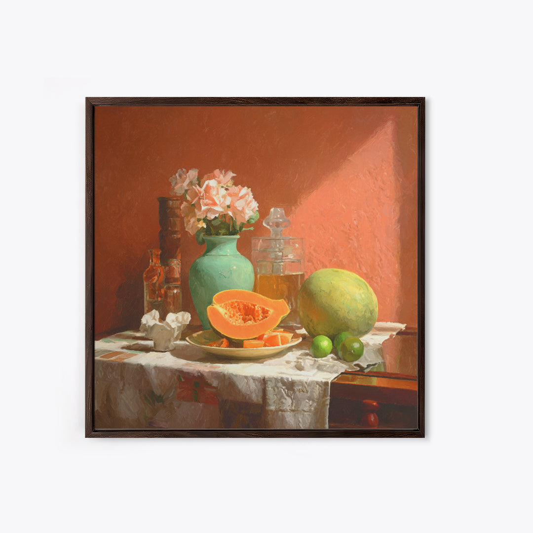 Bright Papaya and Lime Still Life Framed Canvas Print, Tropical Art, Beach Print, Living Room Decor, Abstract Art, Tropic, TRO-1x1-72