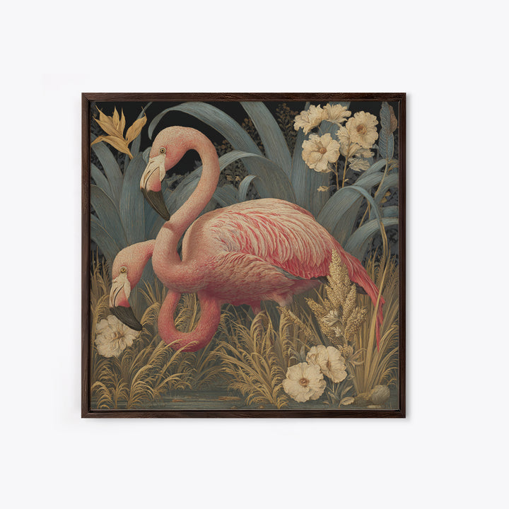 Pink Flamingos Among Tropical Water Plants Framed Canvas Print, Tropical Art, Fine Art Print, Living Room Decor, Tropic, TRO-1x1-74