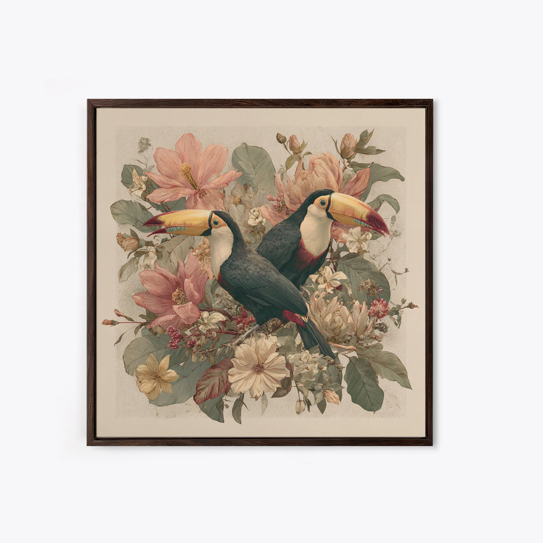 Toucans Surrounded by Bright Jungle Flowers Canvas Print, Tropical Art, Statement Artwork, Living Room Decor, Fine Art, Tropic, TRO-1x1-75