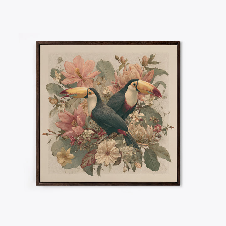 Toucans Surrounded by Bright Jungle Flowers Canvas Print, Tropical Art, Statement Artwork, Living Room Decor, Fine Art, Tropic, TRO-1x1-75