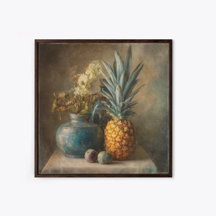Pineapple and Palm Still Life Framed Canvas Print, Tropical Art, Statement Artwork, Living Room Decor, Fine Art, Tropic, TRO-1x1-78
