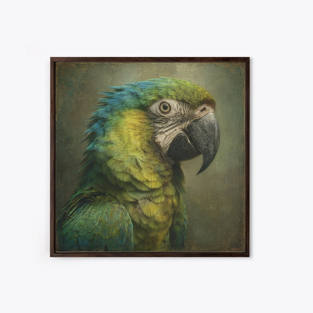 Parrot Portrait with Emerald Feathers Framed Canvas Print, Tropical Art, Fine Art Print, Living Room Decor, Oil Painting, TRO-1x1-80