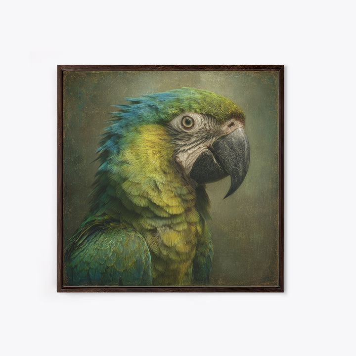 Parrot Portrait with Emerald Feathers Framed Canvas Print, Tropical Art, Fine Art Print, Living Room Decor, Oil Painting, TRO-1x1-80