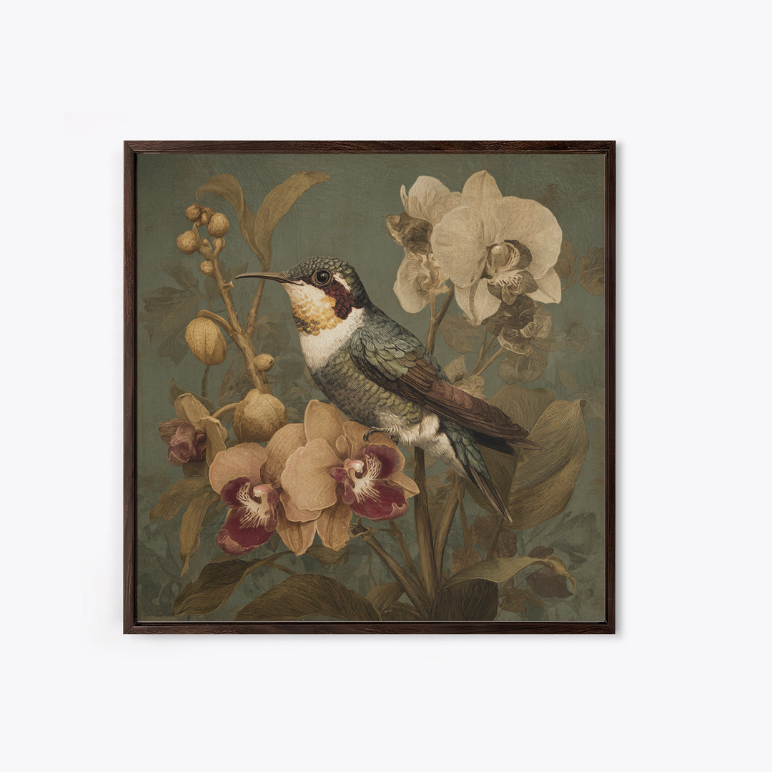 Orchid and Hummingbird Composition Canvas Print, Tropical Art, Boho Decor, Living Room Decor, Oil Painting, Tropic, Art Print, TRO-1x1-82