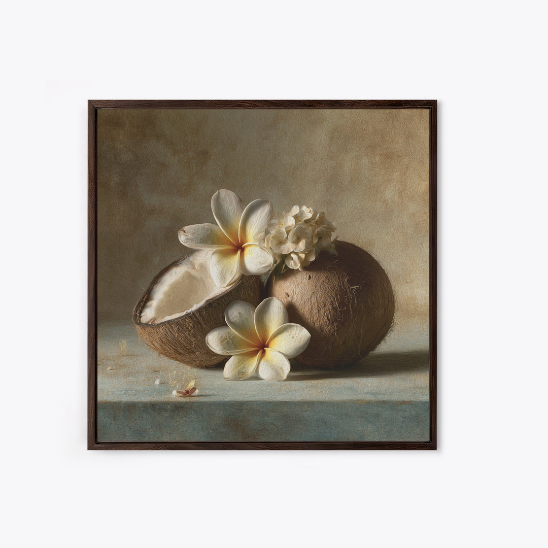 Coconut and Plumeria Still Life Framed Canvas Print, Tropical Art, Beach Print, Living Room Decor, Abstract Art, Tropic, TRO-1x1-84