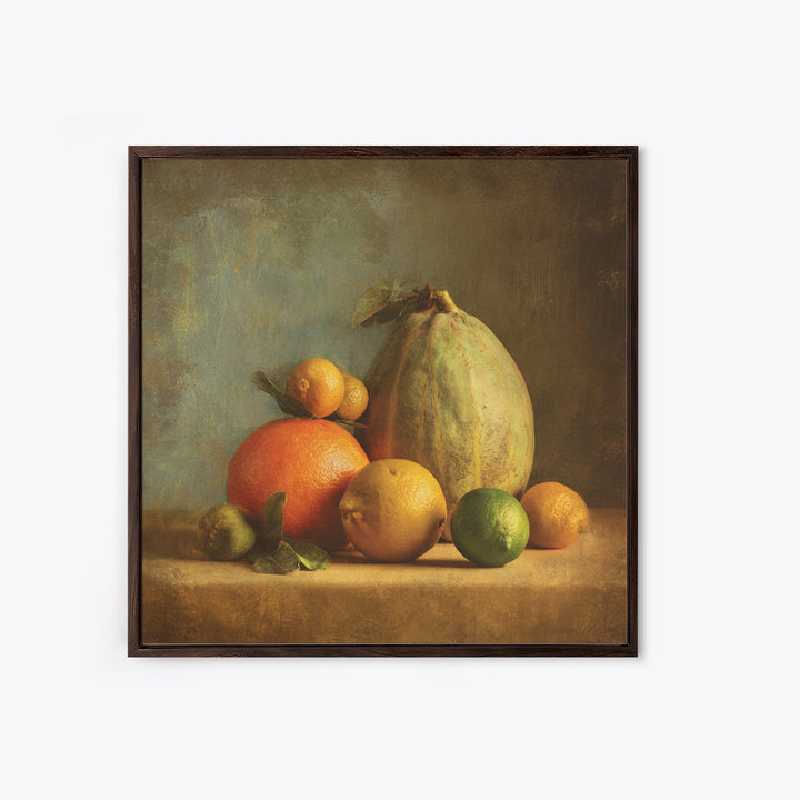 Bright Papaya and Lime Still Life Framed Canvas Print, Tropical Art, Art Print, Living Room Decor, Tropic, Abstract Painting, TRO-1x1-96