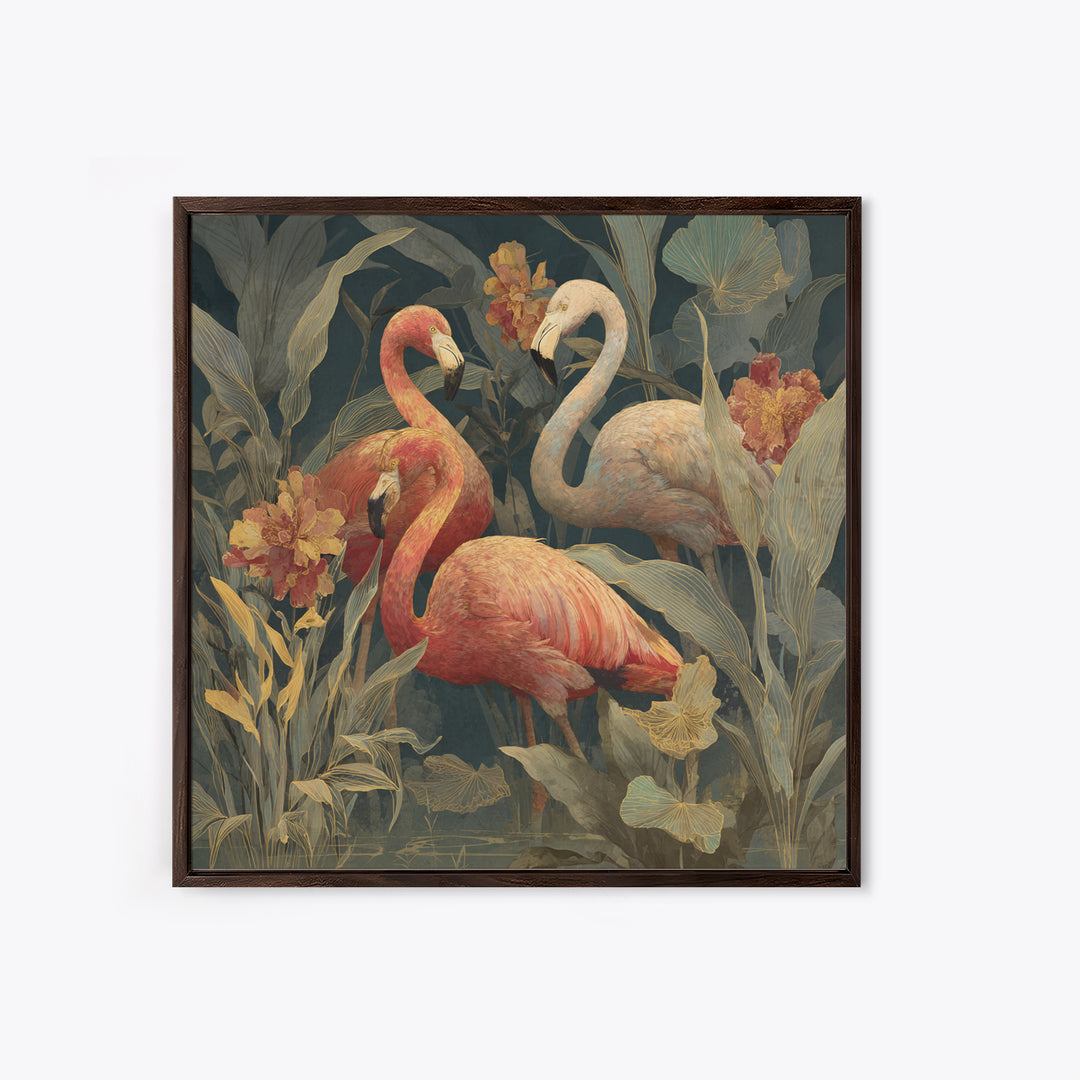 Pink Flamingos Among Tropical Water Plants Canvas Print, Tropical Art, Textured Painting, Living Room Decor, Fine Art, Tropic, TRO-1x1-98