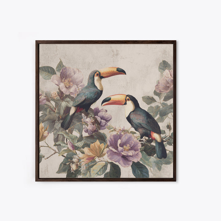Toucans Surrounded by Bright Jungle Flowers Canvas Print, Tropical Art, Decor, Living Room Decor, Oil Painting, Tropic, TRO-1x1-99