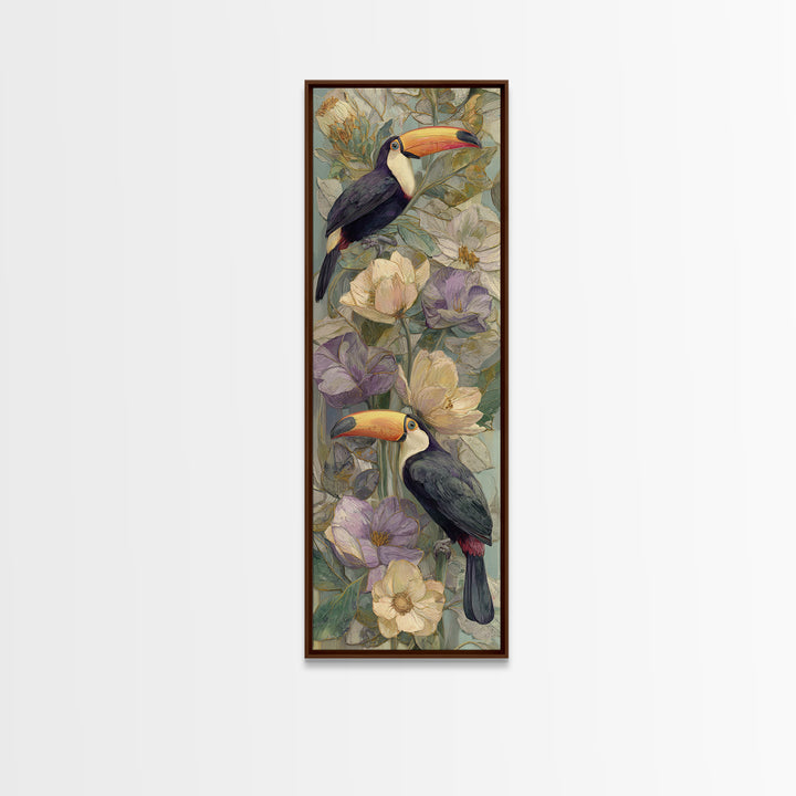 Toucans Surrounded by Bright Jungle Flowers Framed Canvas Print, Tropical Art, Printable Art, Living Room Decor, Tropic, TRO-1x3-15