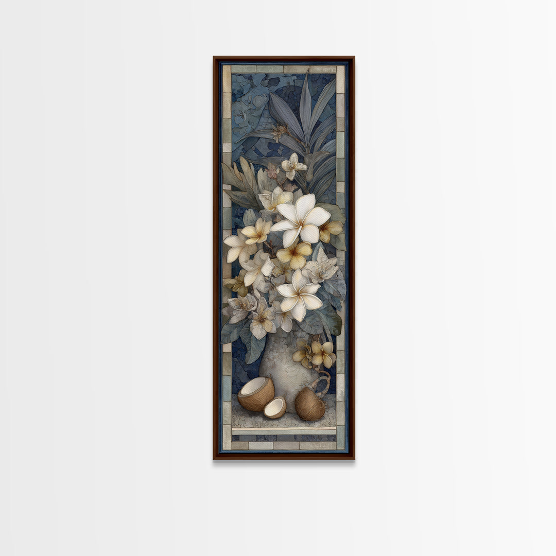 Coconut and Plumeria Still Life Framed Canvas Print, Tropical Art, Decor, Living Room Decor, Fine Art, Tropic, Bird Art, TRO-1x3-24