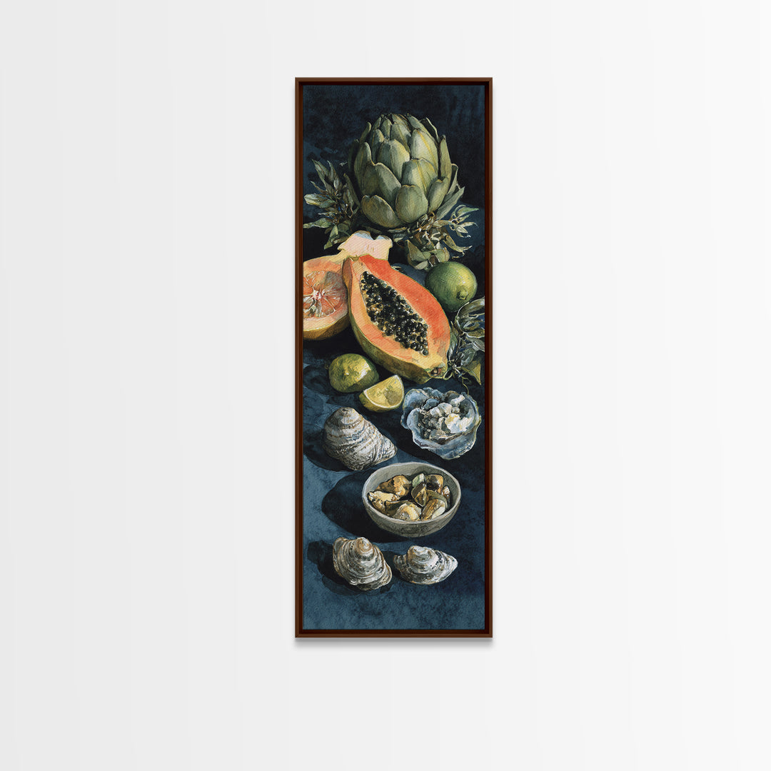 Bright Papaya and Lime Still Life Framed Canvas Print, Tropical Art, Art Print, Living Room Decor, Tropic, Abstract Painting, TRO-1x3-36