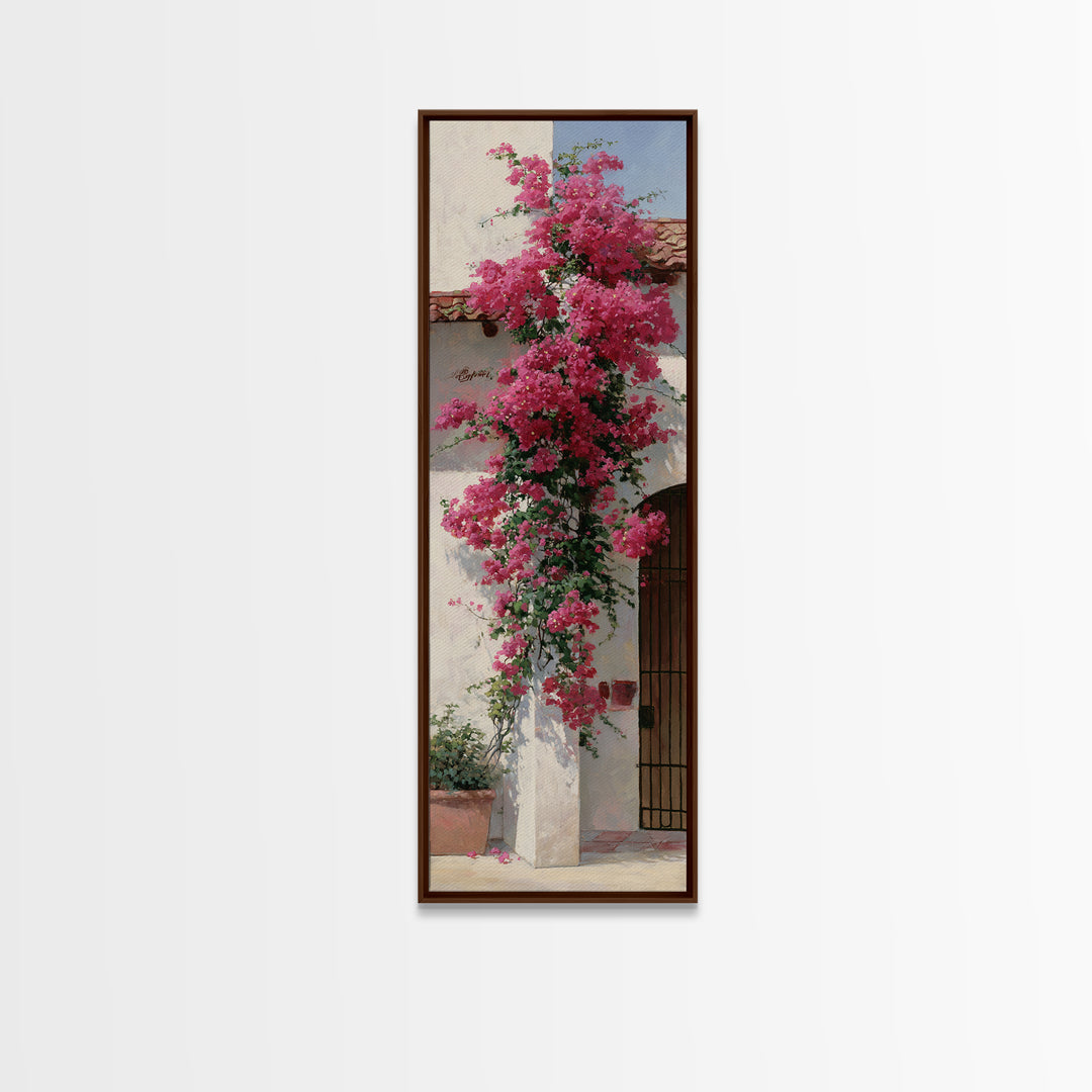 Pink Bougainvillea over White Wall Framed Canvas Print, Tropical Art, Minimalist Decor, Living Room Decor, Fine Art, Tropic, TRO-1x3-4