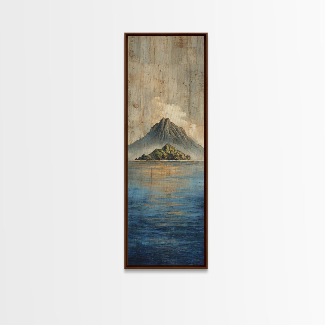 Island Volcano with Lush Foreground Framed Canvas Print, Tropical Art, Textured Painting, Living Room Decor, Fine Art, Tropic, TRO-1x3-53