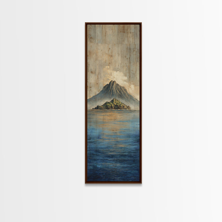 Island Volcano with Lush Foreground Framed Canvas Print, Tropical Art, Textured Painting, Living Room Decor, Fine Art, Tropic, TRO-1x3-53