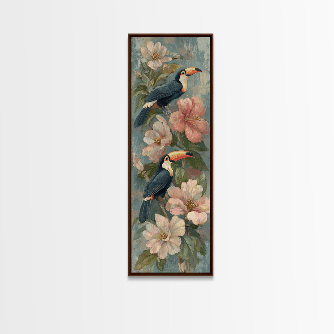 Toucans Surrounded by Bright Jungle Flowers Canvas Print, Tropical Art, Botanical Art, Living Room Decor, Watercolor Art, TRO-1x3-63