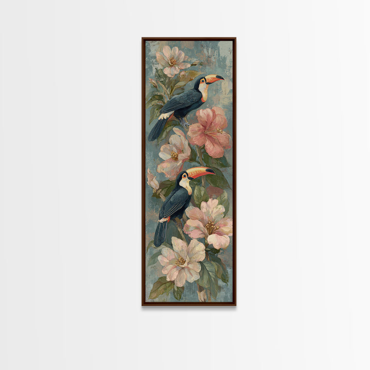 Toucans Surrounded by Bright Jungle Flowers Canvas Print, Tropical Art, Botanical Art, Living Room Decor, Watercolor Art, TRO-1x3-63
