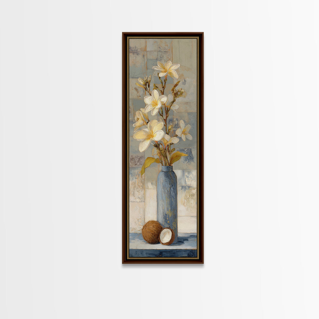 Coconut and Plumeria Still Life Canvas Print, Tropical Art, Coastal Decor, Living Room Decor, Fine Art, Tropic, Modern Decor, TRO-1x3-72