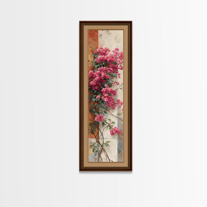 Pink Bougainvillea over White Wall Framed Canvas Print, Tropical Art, Beach Decor, Living Room Decor, Oil Painting, Tropic, TRO-1x3-76