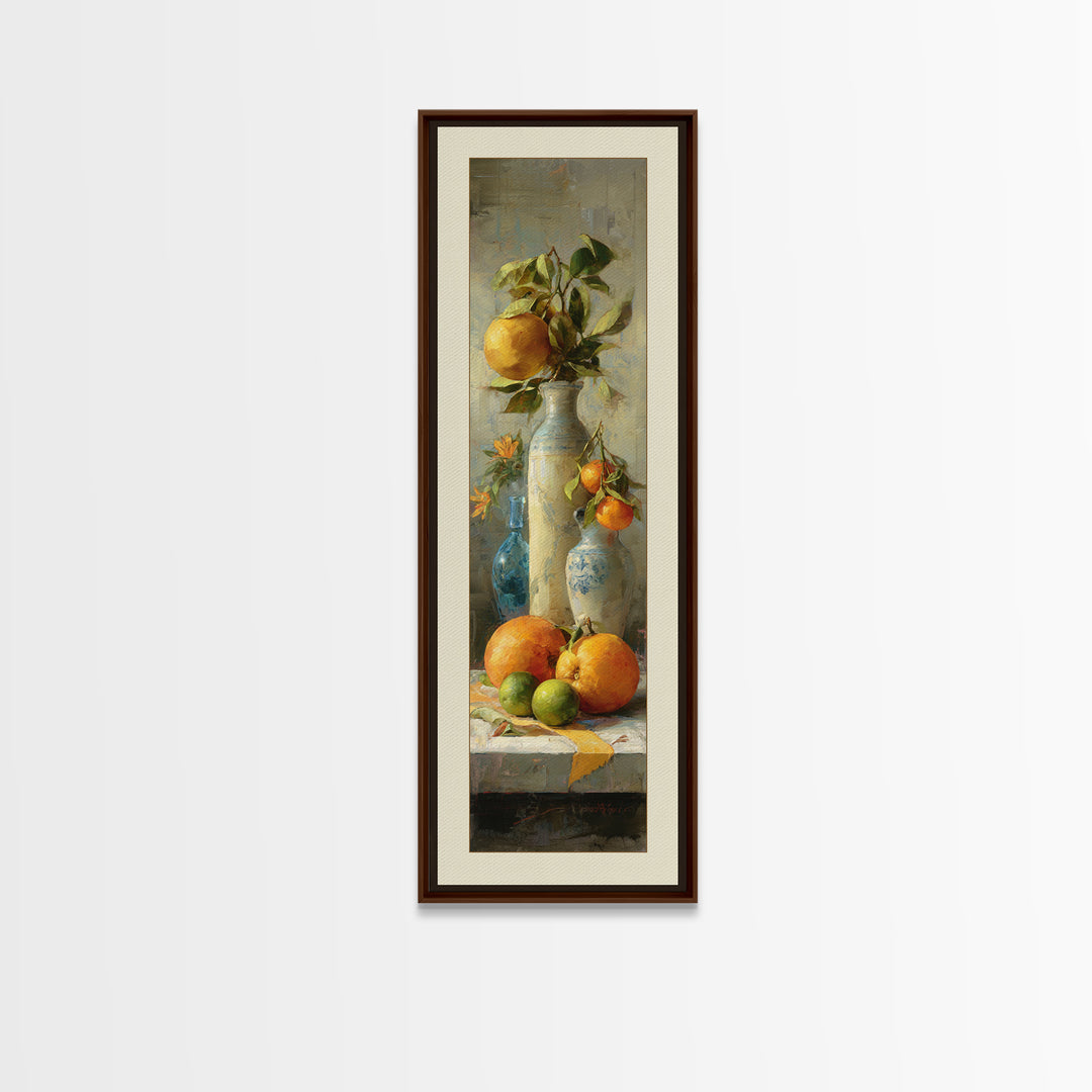 Bright Papaya and Lime Still Life Framed Canvas Print, Tropical Art, Coastal Wall Art, Living Room Decor, Fine Art, Tropic, TRO-1x3-84