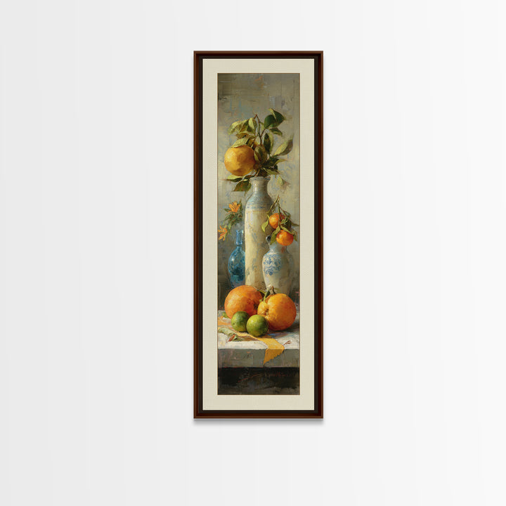 Bright Papaya and Lime Still Life Framed Canvas Print, Tropical Art, Coastal Wall Art, Living Room Decor, Fine Art, Tropic, TRO-1x3-84
