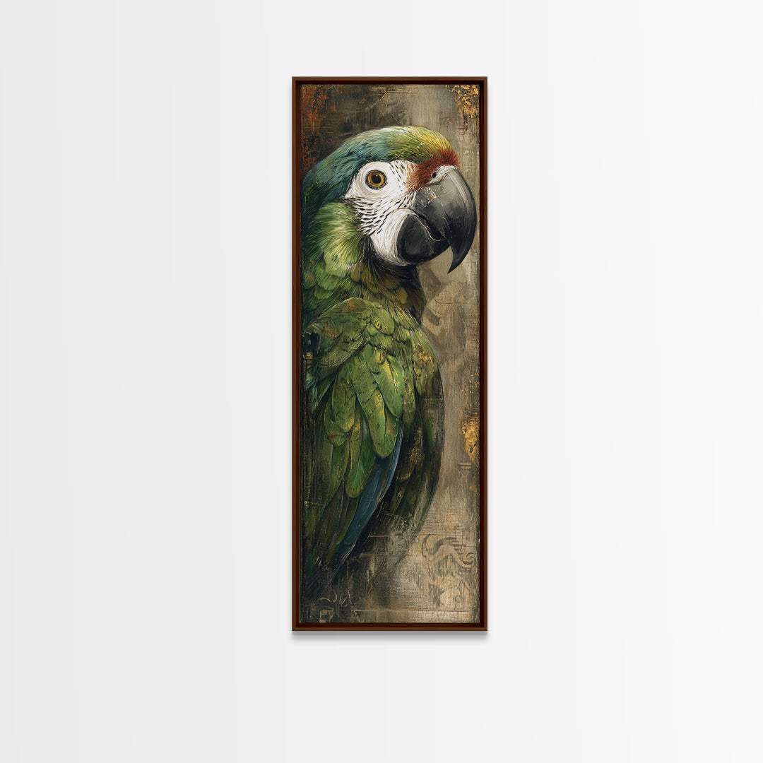 Parrot Portrait with Emerald Feathers Framed Canvas Print, Tropical Art, Coastal Art, Living Room Decor, Fine Art, Tropic, TRO-1x3-92
