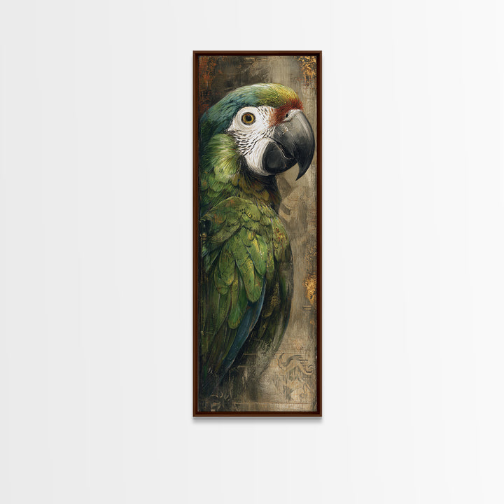 Parrot Portrait with Emerald Feathers Framed Canvas Print, Tropical Art, Coastal Art, Living Room Decor, Fine Art, Tropic, TRO-1x3-92