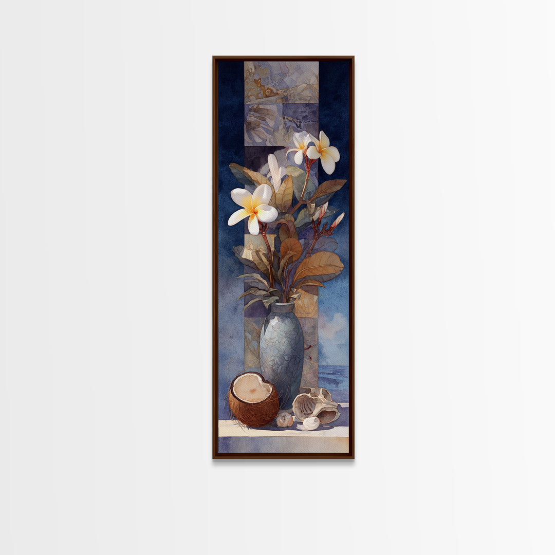 Coconut and Plumeria Still Life Framed Canvas Print, Tropical Art, Beach Print, Living Room Decor, Abstract Art, Tropic, TRO-1x3-96