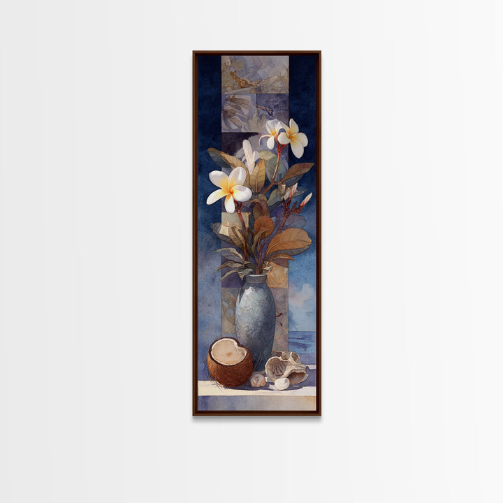 Coconut and Plumeria Still Life Framed Canvas Print, Tropical Art, Beach Print, Living Room Decor, Abstract Art, Tropic, TRO-1x3-96