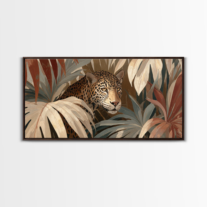 Leopard Hidden Among Palm Leaves Framed Canvas Print, Tropical Art, Contemporary Art, Living Room Decor, Fine Art, Tropic, TRO-2x1-10