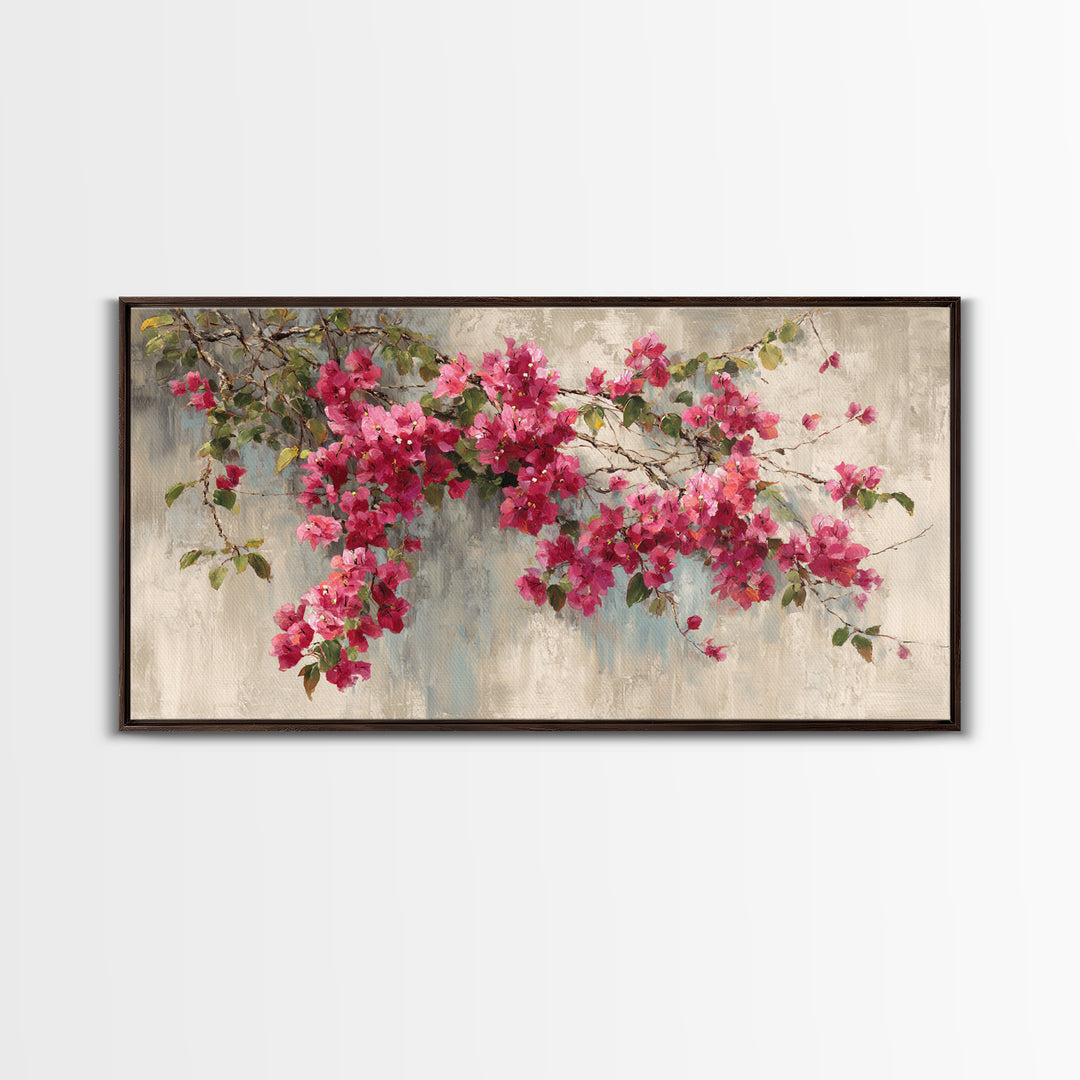 Pink Bougainvillea over White Wall Framed Canvas Print, Tropical Art, Room Decor, Living Room Decor, Fine Art, Tropic, TRO-2x1-12